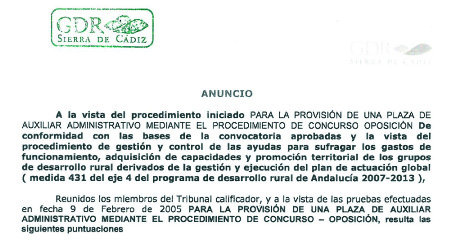 Listado definitivo con las puntuaciones para la provisión de una plaza de auxiliar administrativo